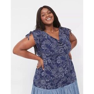 Lane Bryant Drawcord Cap-Sleeve Drape-Neck Floral Print Top Blouse Plus 22/24